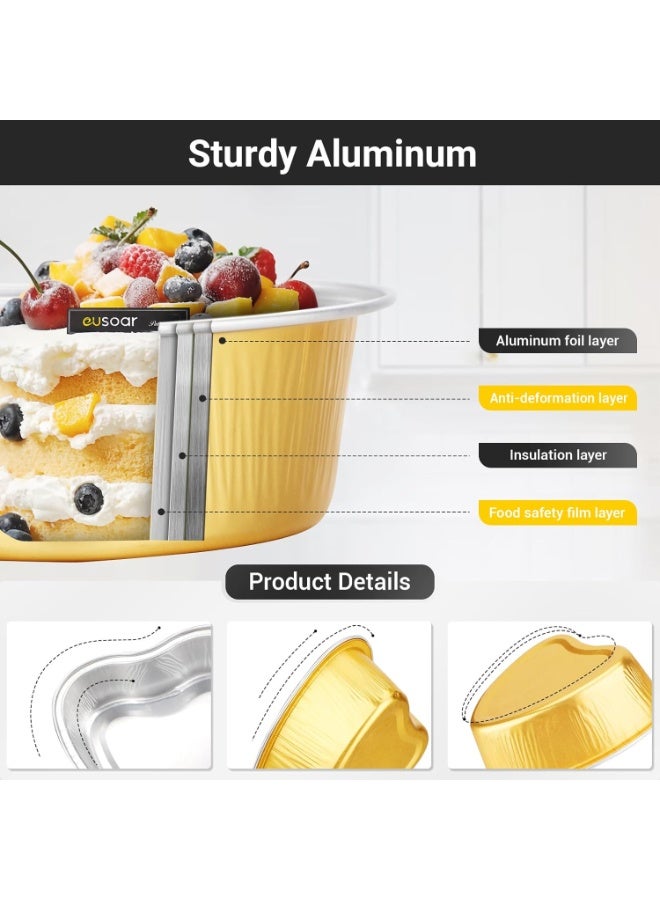 Arabest Heart Shaped Baking Pans, 3.4oz 50pcs Aluminum Foil Cupcake Baking Cups with Lids, Valentines Day Gifts, Pie Ramekins Desserts Flans, Custard Cake Pudding Jello Cups, Wedding Party -Gold - Image 3